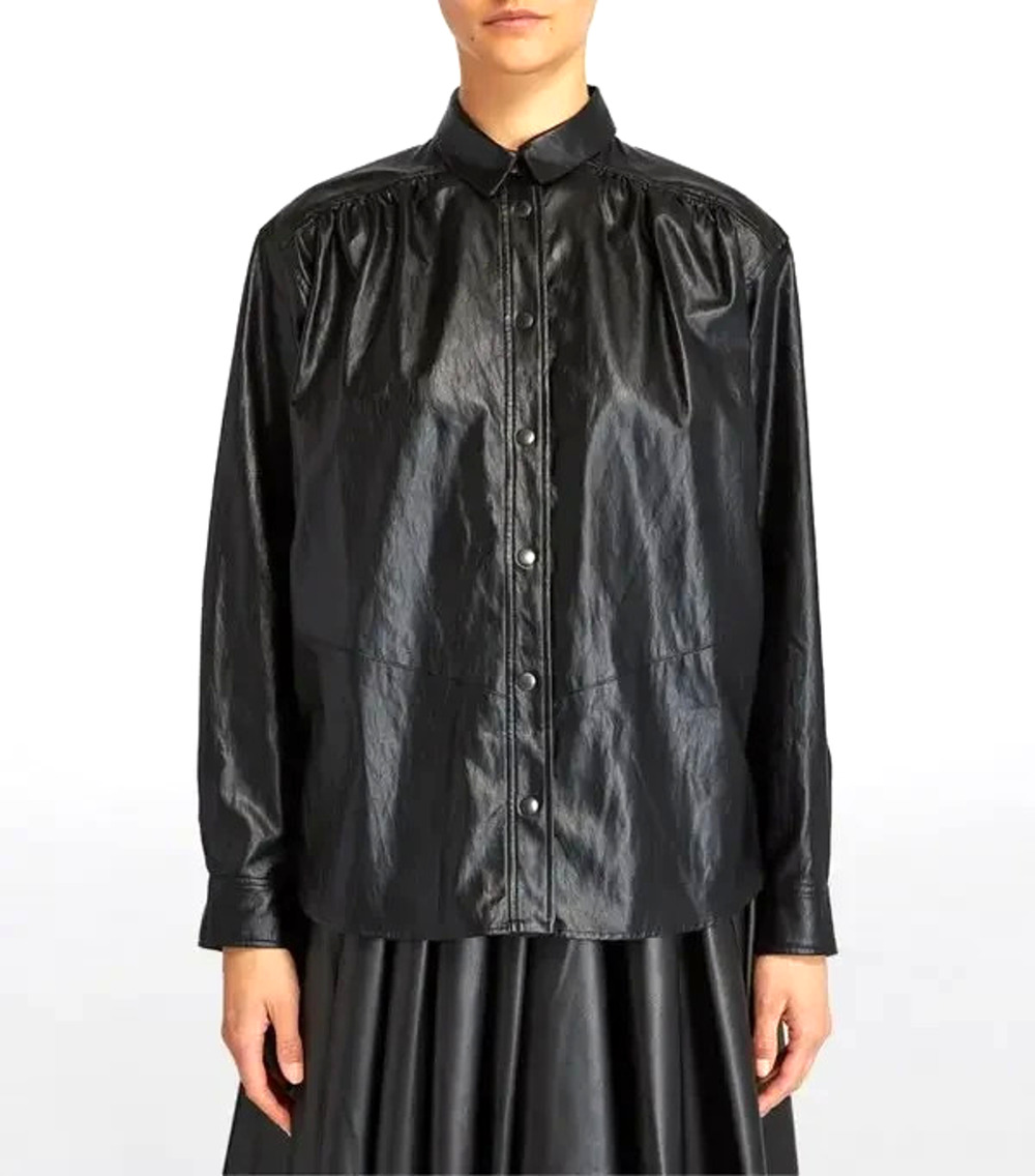 Isabel Marant Candy Shirt Black Long Sleeve Snap Button Faux Leather 36 S